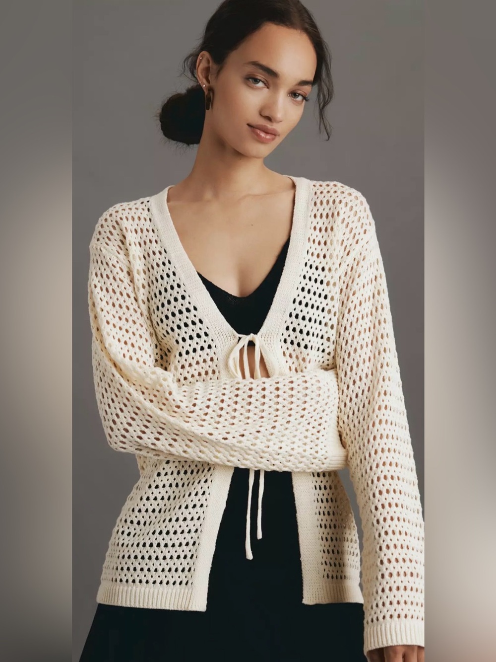 Anthropologie Flat White Long-Sleeve Crochet Tunic Top OS NWOT